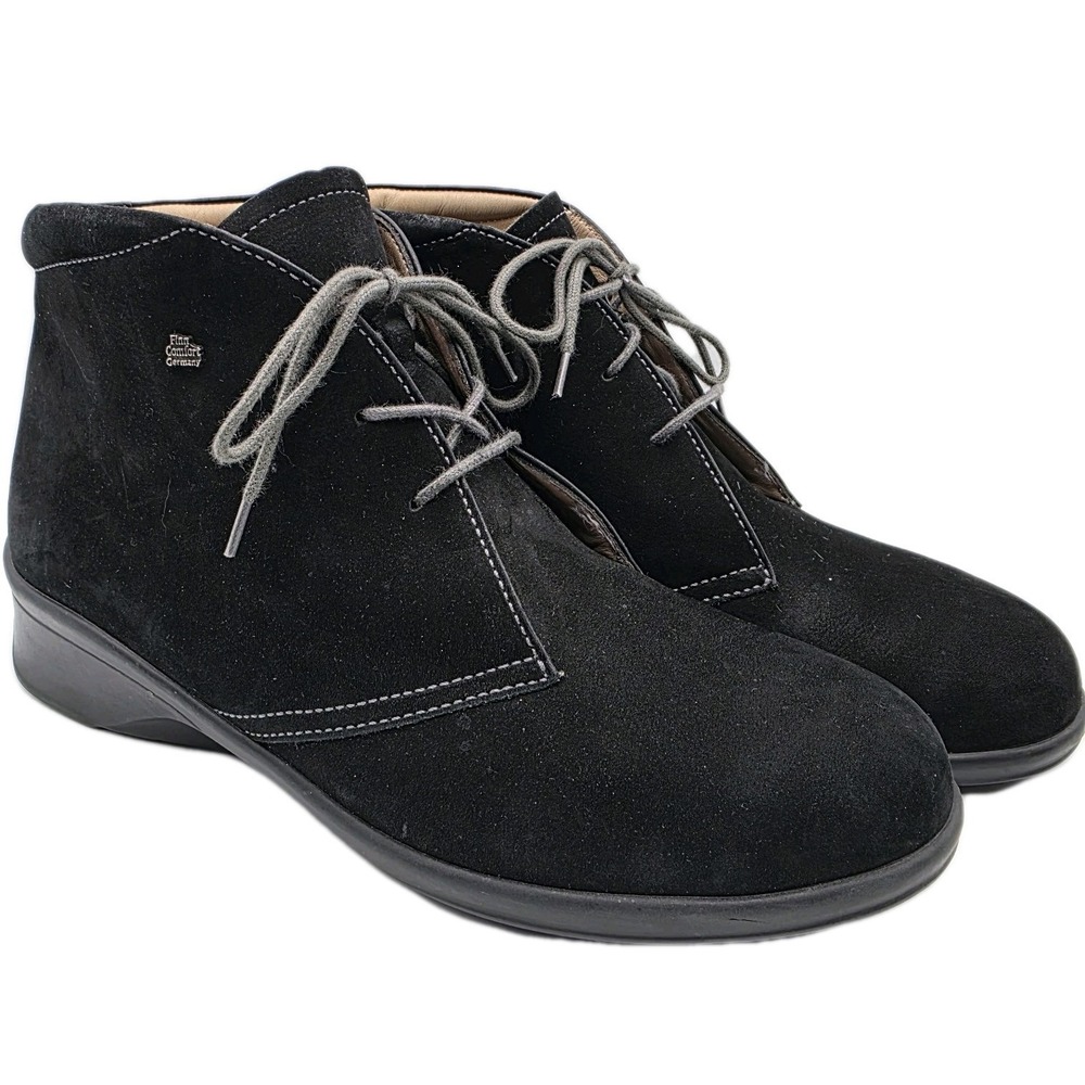 Finn Comfort Boots Mostar Womens 6.5 Black Nubuck Leather Ankle Comfort Lace‎ Up